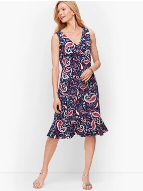 Talbots Navy Paisley V‑Neck Midi Dress Ruffle Hem Pink Medium Petite Cotton